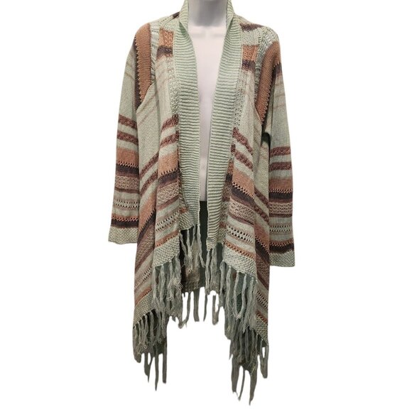 NWT Demanding Boho Striped Fringe Knit Cardigan Sweater Sz Lg Long Open Front - Picture 3 of 10